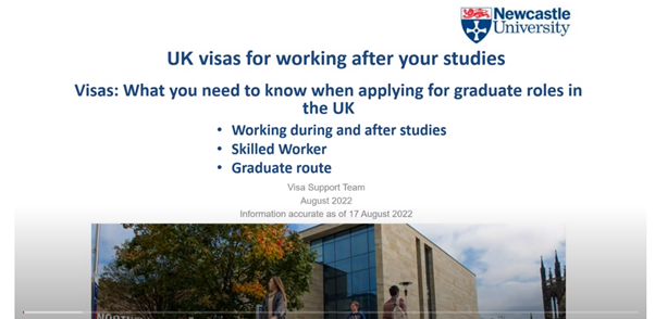 Title screen for the Visa Team's UK visas for working after your studies presentation